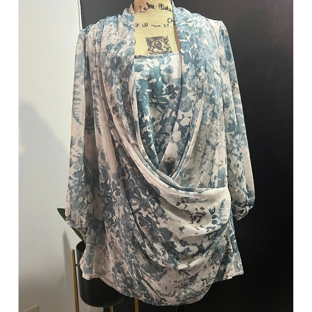 Talbots Draped Floral Blouse Womens 16W Blue Abstract Print Career Office Chic